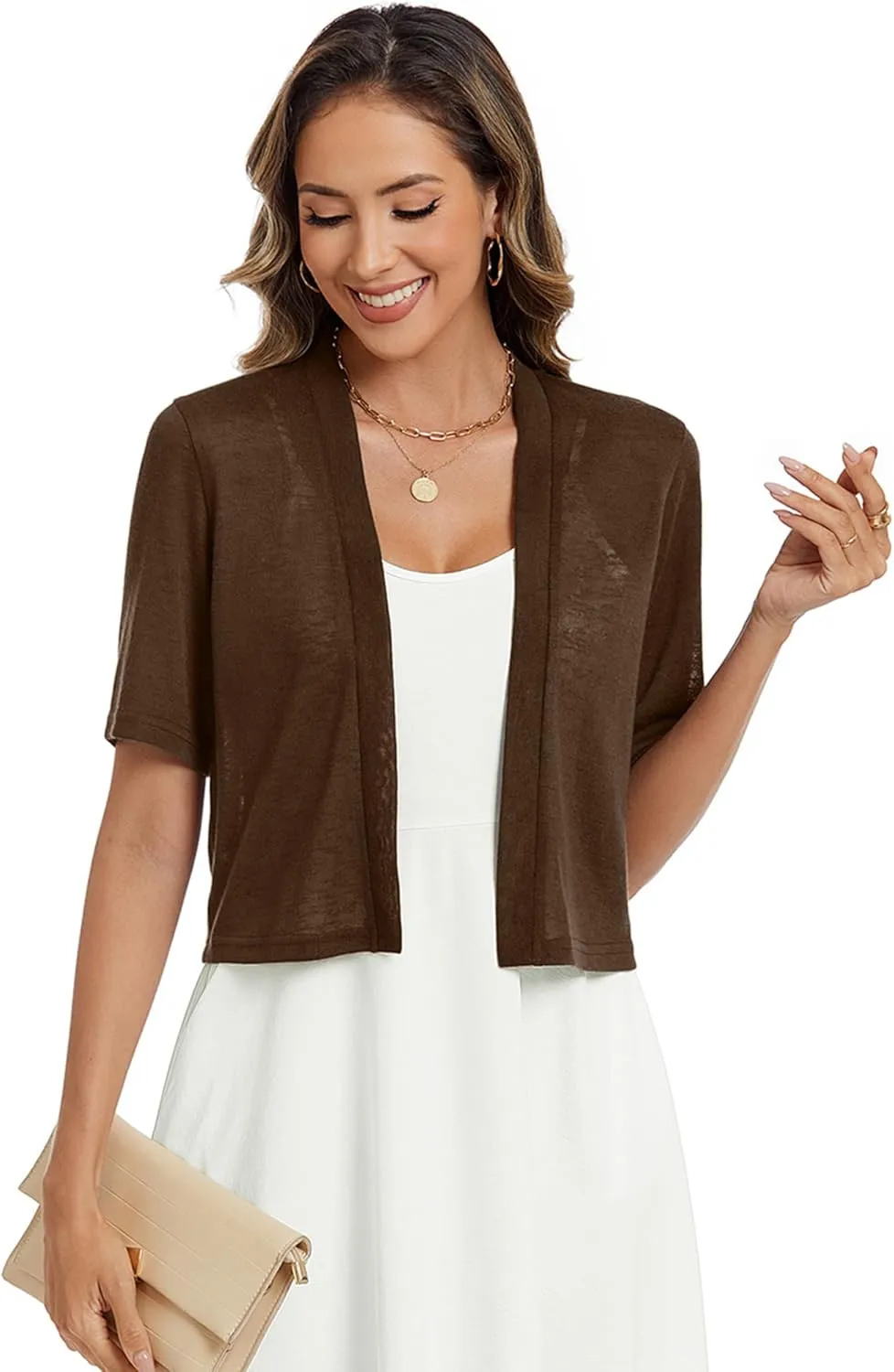 Heymoments Women's Thin Shrugs Short Sleeve Lightweight Cropped Tops Open Front Knitted Cardigan for Dress Summer Bolero