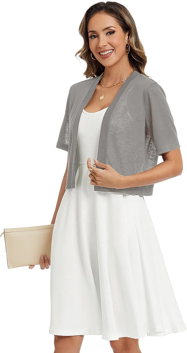 Heymoments Women's Thin Shrugs Short Sleeve Lightweight Cropped Tops Open Front Knitted Cardigan for Dress Summer Bolero