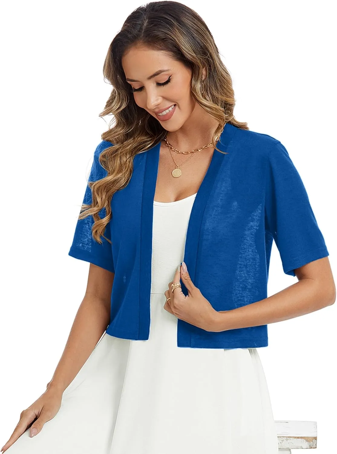 Heymoments Women's Thin Shrugs Short Sleeve Lightweight Cropped Tops Open Front Knitted Cardigan for Dress Summer Bolero