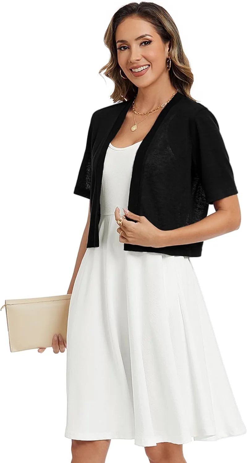 Heymoments Women's Thin Shrugs Short Sleeve Lightweight Cropped Tops Open Front Knitted Cardigan for Dress Summer Bolero