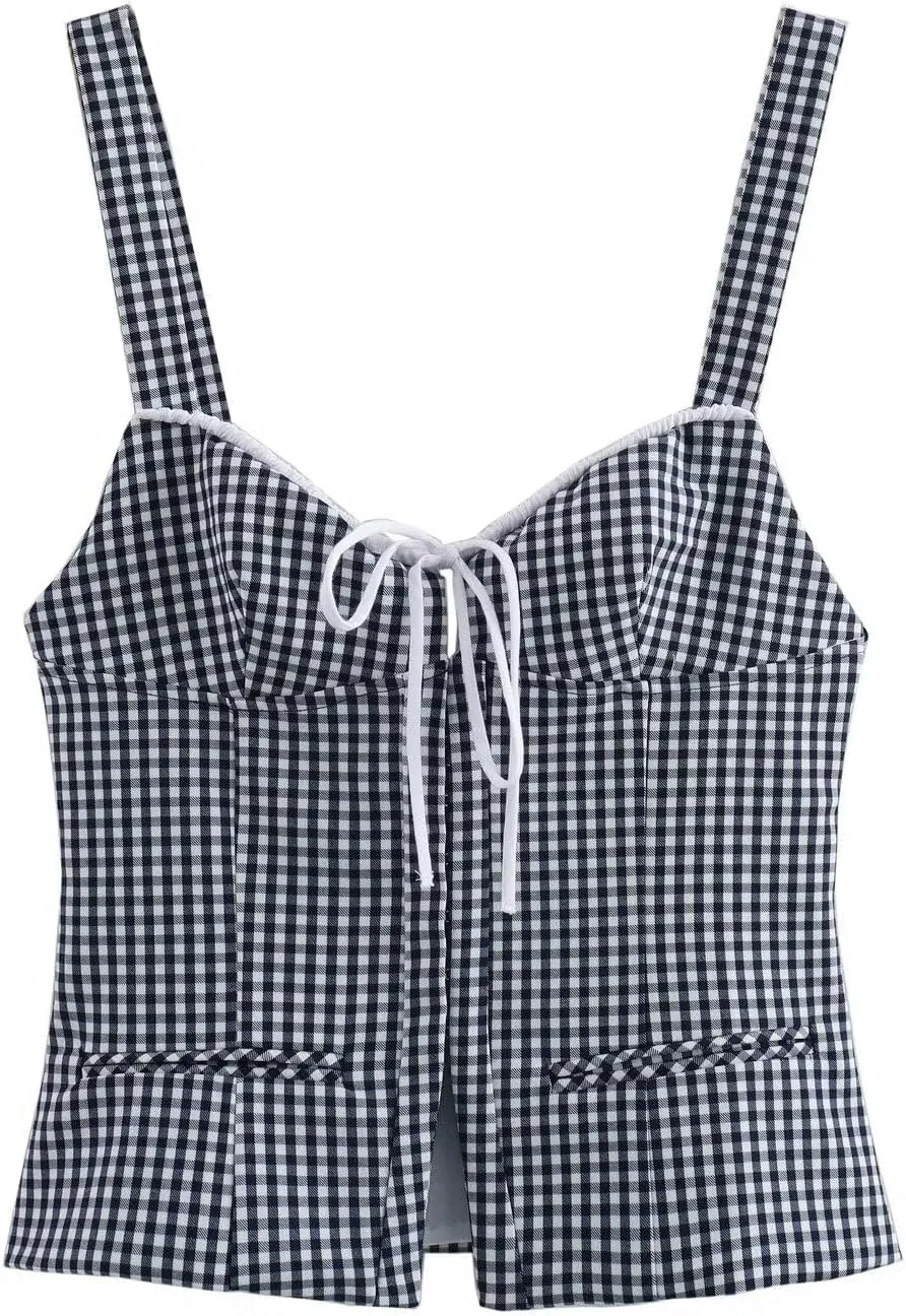 High Streetwear Vintage Blue White Plaid Camisole Tank Tops Holiday Beach Sexy Summer T-Shirt Women