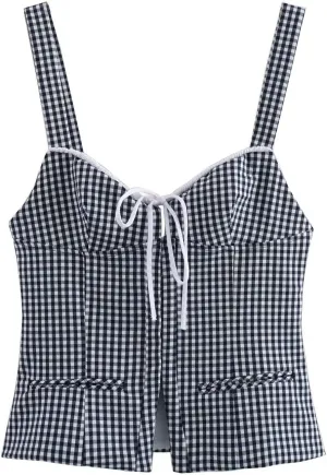 High Streetwear Vintage Blue White Plaid Camisole Tank Tops Holiday Beach Sexy Summer T-Shirt Women