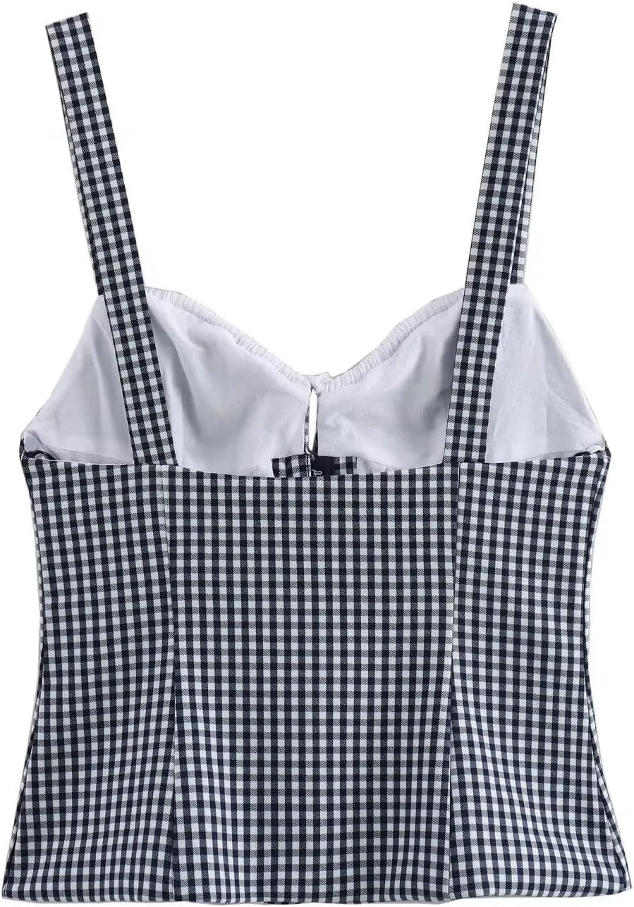 High Streetwear Vintage Blue White Plaid Camisole Tank Tops Holiday Beach Sexy Summer T-Shirt Women