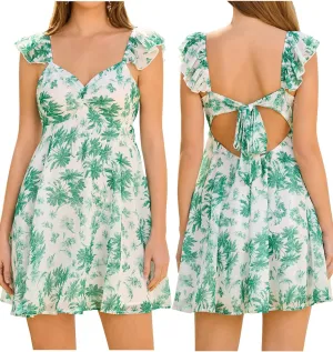 HTZMO Women Summer Floral Short Sundress V Neck Ruffle Bow Tie Sexy Backless A Line Flowy Cute Casual Beach Mini Dress 2025