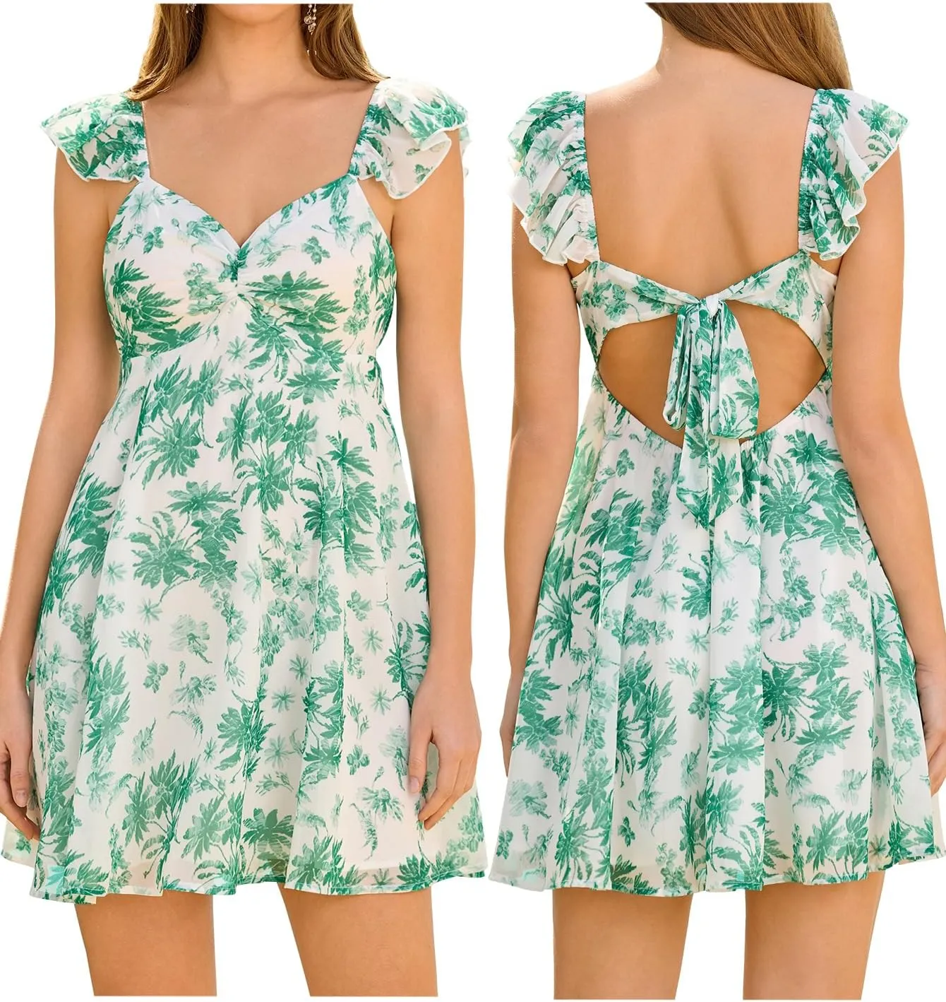 HTZMO Women Summer Floral Short Sundress V Neck Ruffle Bow Tie Sexy Backless A Line Flowy Cute Casual Beach Mini Dress 2025