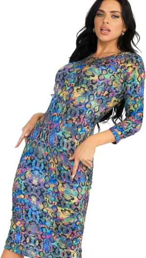 ICONOFLASH Women's 3/4 Sleeves Midi Bodycon Dress Crew Neck Fitted Dresses with Plus Size Options