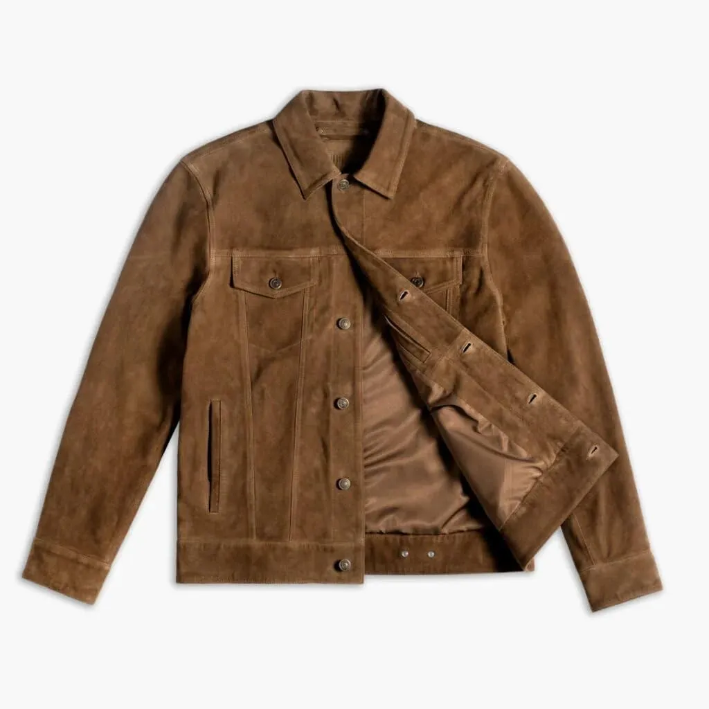 Isaac & David Chicago Men's Vintage Trucker Suede Leather Jacket - Denim Biker Cafe Racer Causal Western Cowboy Jacket