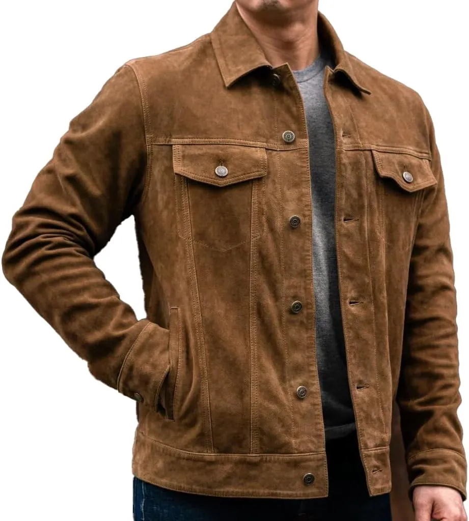 Isaac & David Chicago Men's Vintage Trucker Suede Leather Jacket - Denim Biker Cafe Racer Causal Western Cowboy Jacket
