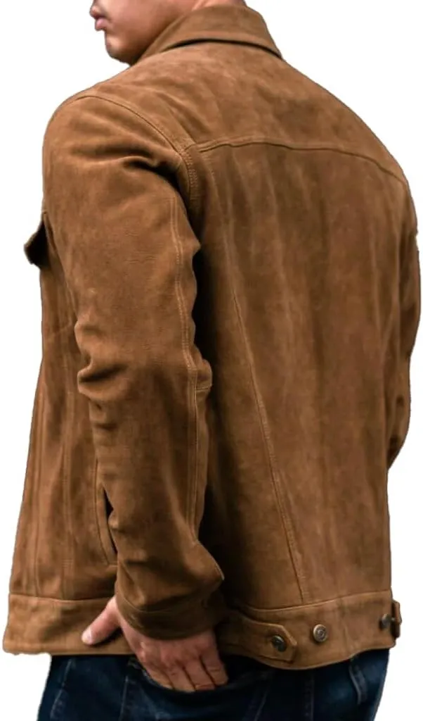 Isaac & David Chicago Men's Vintage Trucker Suede Leather Jacket - Denim Biker Cafe Racer Causal Western Cowboy Jacket