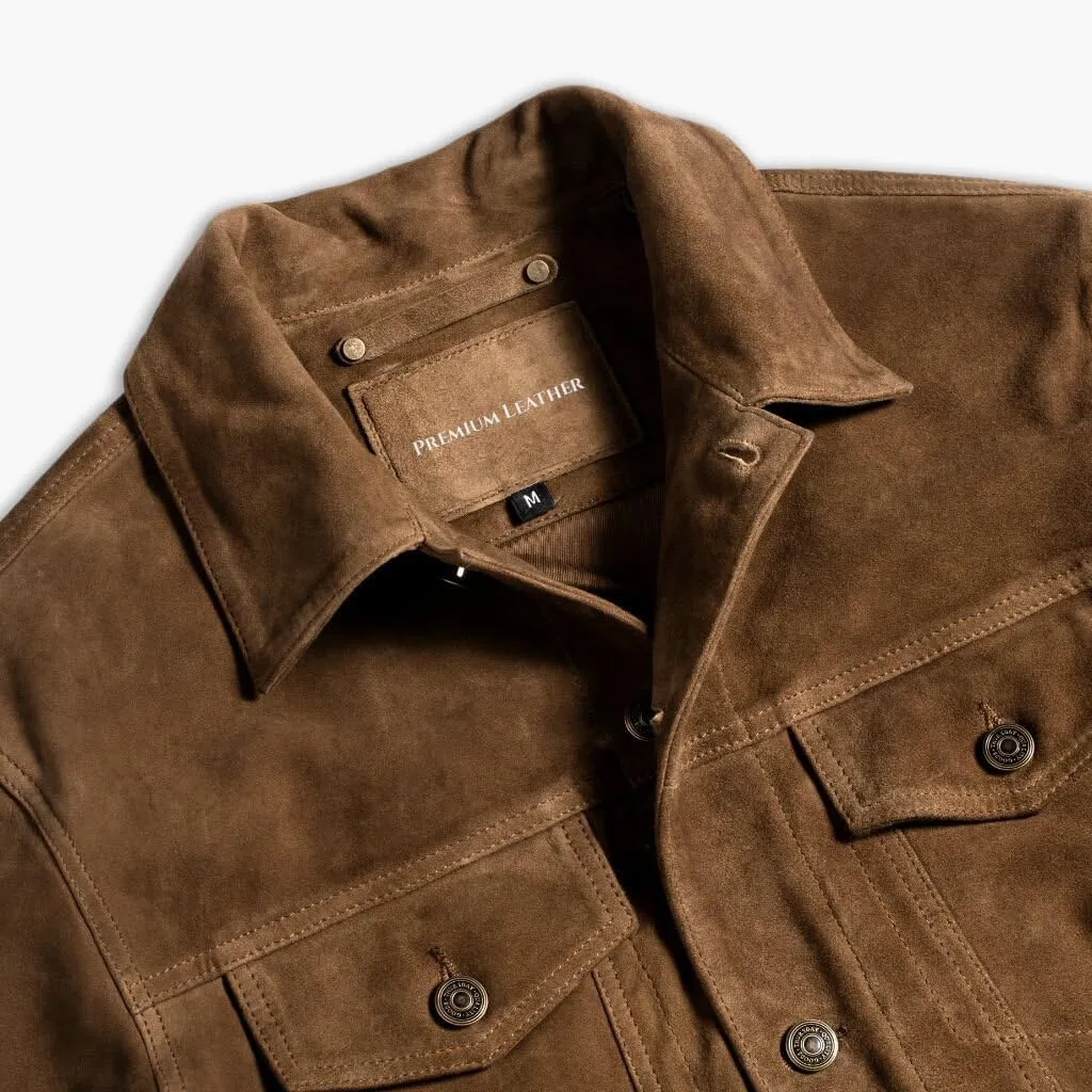 Isaac & David Chicago Men's Vintage Trucker Suede Leather Jacket - Denim Biker Cafe Racer Causal Western Cowboy Jacket