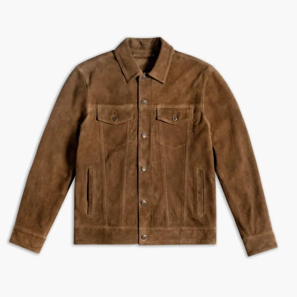 Isaac & David Chicago Men's Vintage Trucker Suede Leather Jacket - Denim Biker Cafe Racer Causal Western Cowboy Jacket