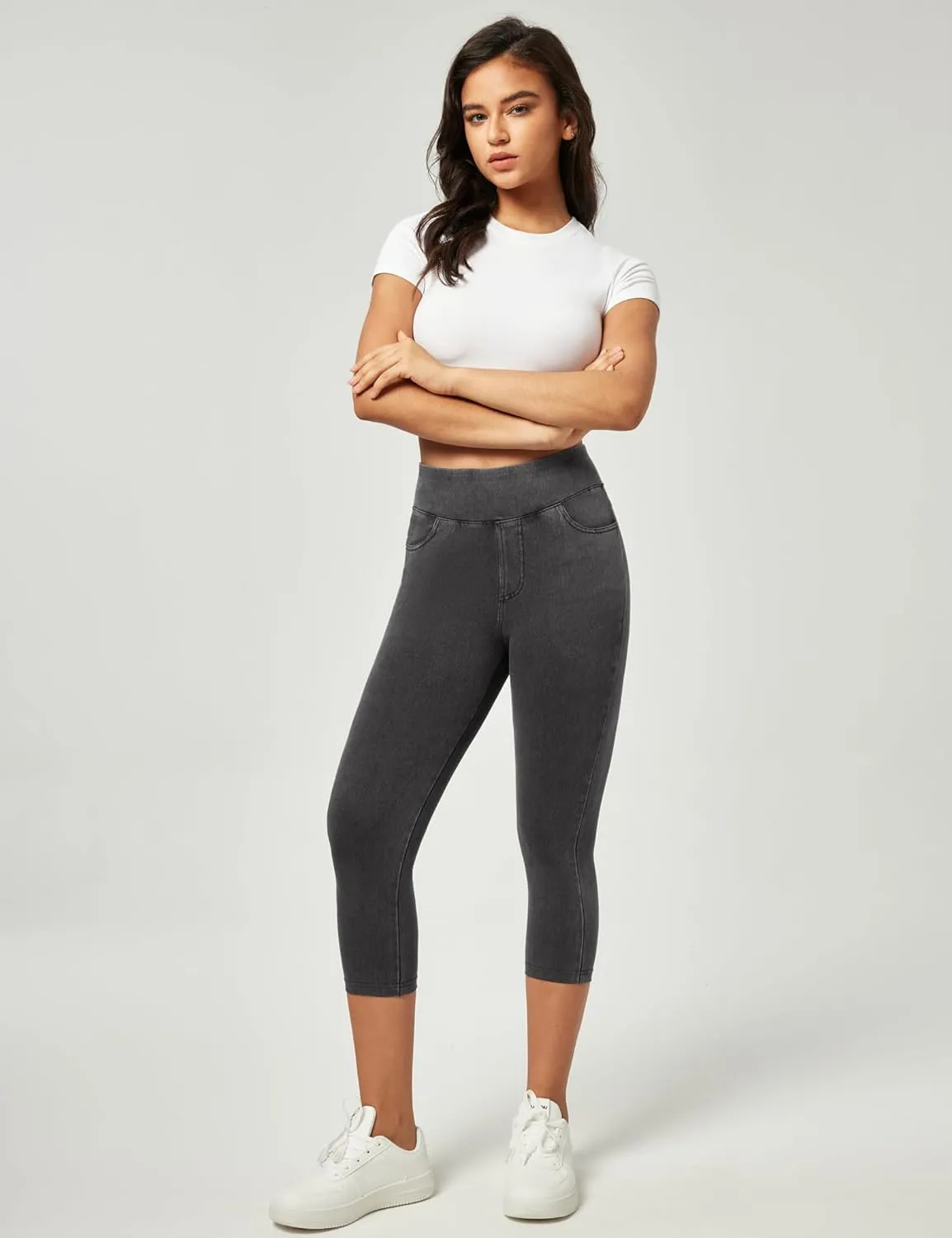 IUGA Jeggings for Women Pull On Capri Jeans Stretchy Jean Capris High Waisted Denim Capri Leggings Casual Pants with Pockets