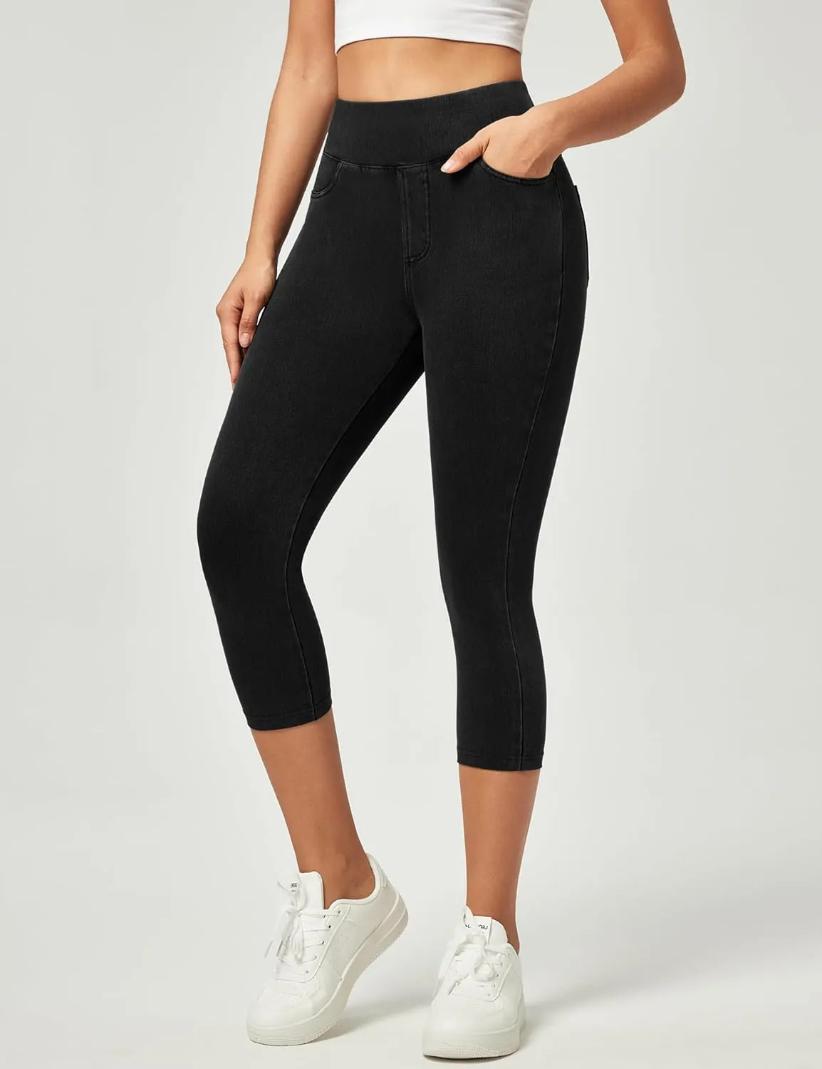 IUGA Jeggings for Women Pull On Capri Jeans Stretchy Jean Capris High Waisted Denim Capri Leggings Casual Pants with Pockets
