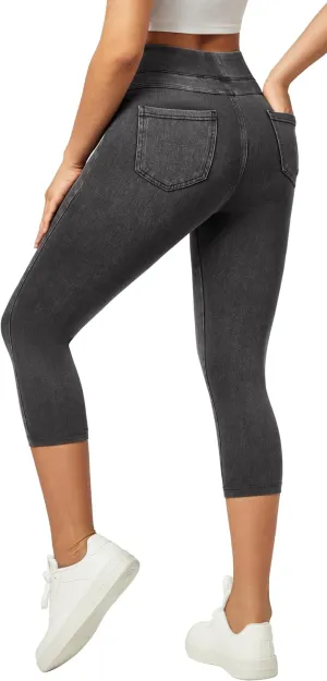 IUGA Jeggings for Women Pull On Capri Jeans Stretchy Jean Capris High Waisted Denim Capri Leggings Casual Pants with Pockets
