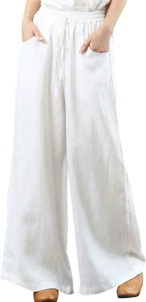 IXIMO Women's Cotton Linen Wide Leg Pants Casual Drawstring Lounge Palazzo Loose Trousers