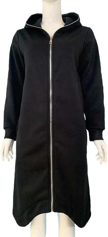Janepam Women Windbreaker Long Hoodie Oversized Jacket Pocket Solid Color Zip-up Baggy Maxi-Length Outerwear Streetwear