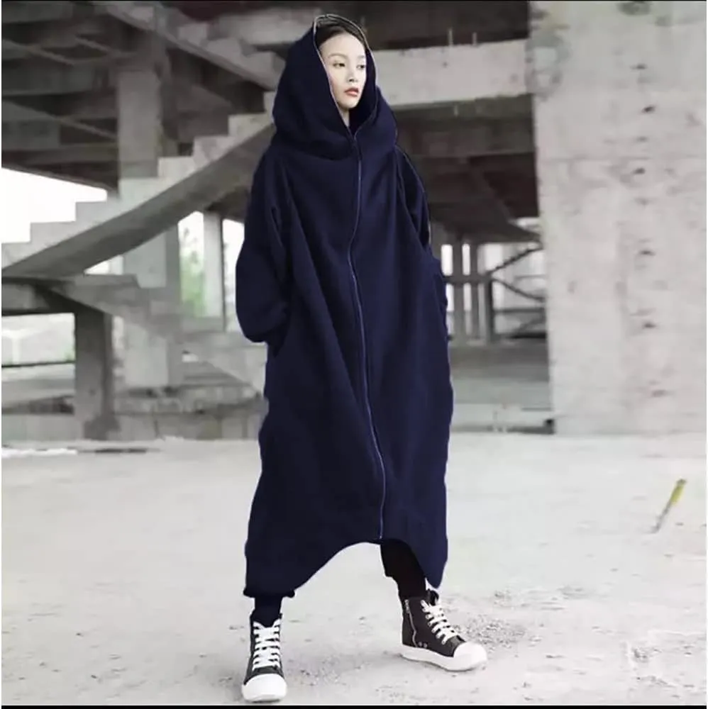 Janepam Women Windbreaker Long Hoodie Oversized Jacket Pocket Solid Color Zip-up Baggy Maxi-Length Outerwear Streetwear