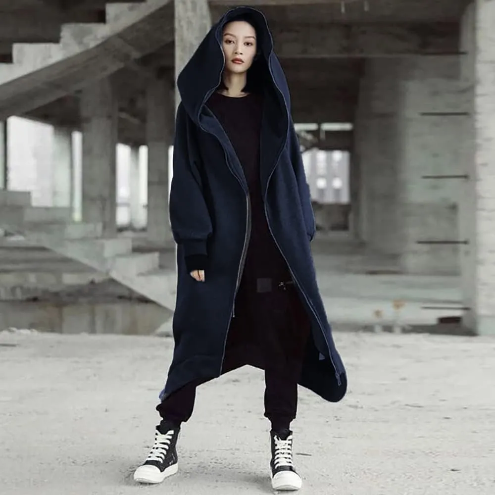 Janepam Women Windbreaker Long Hoodie Oversized Jacket Pocket Solid Color Zip-up Baggy Maxi-Length Outerwear Streetwear
