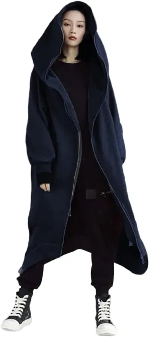 Janepam Women Windbreaker Long Hoodie Oversized Jacket Pocket Solid Color Zip-up Baggy Maxi-Length Outerwear Streetwear