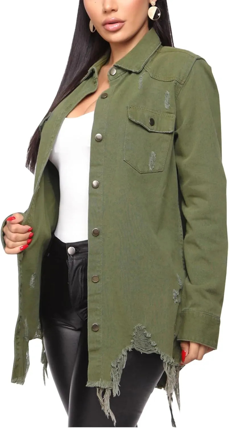 Jean Jacket for Women Distressed Long Sleeve Oversized Denim Trucker Jackets Coat