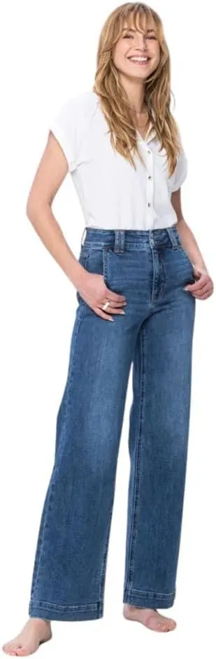 Judy Blue Women's High-Rise Double Button Waistband Wide Leg Jeans