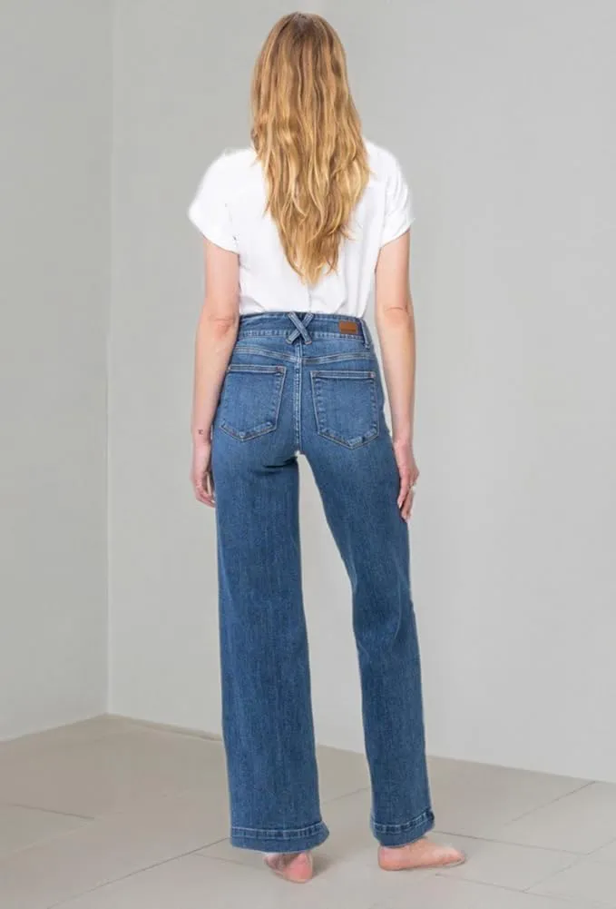 Judy Blue Women's High-Rise Double Button Waistband Wide Leg Jeans