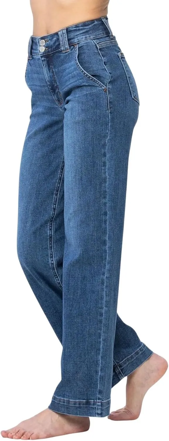Judy Blue Women's High-Rise Double Button Waistband Wide Leg Jeans