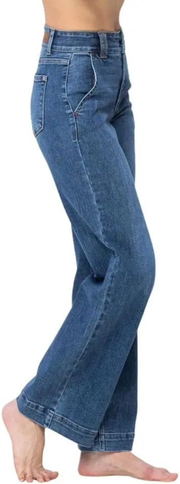 Judy Blue Women's High-Rise Double Button Waistband Wide Leg Jeans