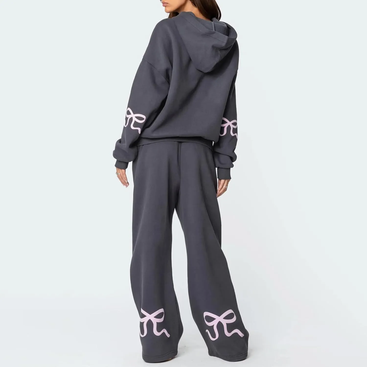 Karwuiio Women Bow Print 2 Piece Outfits Long Sleeve Oversized Sweatshirt Hoodie Wide Leg Sweatpants Set Sweatsuits
