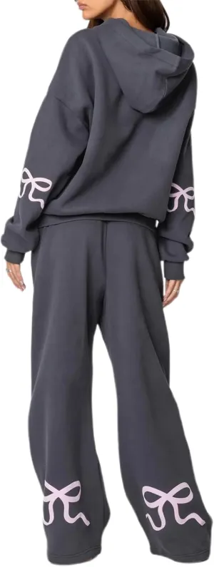 Karwuiio Women Bow Print 2 Piece Outfits Long Sleeve Oversized Sweatshirt Hoodie Wide Leg Sweatpants Set Sweatsuits