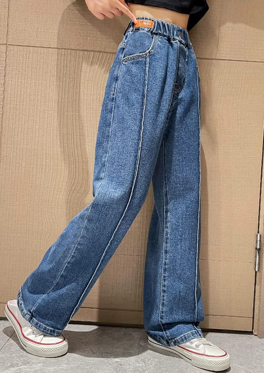 Kids Girls' Fashion Elastic Waist Wide Leg Baggy Denim Pants Straight Washed Loose Jeans Age 5-14 Years