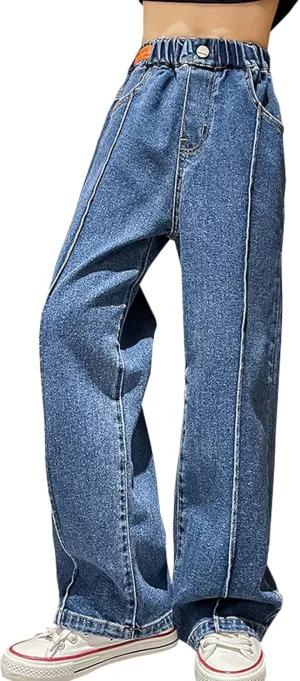 Kids Girls' Fashion Elastic Waist Wide Leg Baggy Denim Pants Straight Washed Loose Jeans Age 5-14 Years