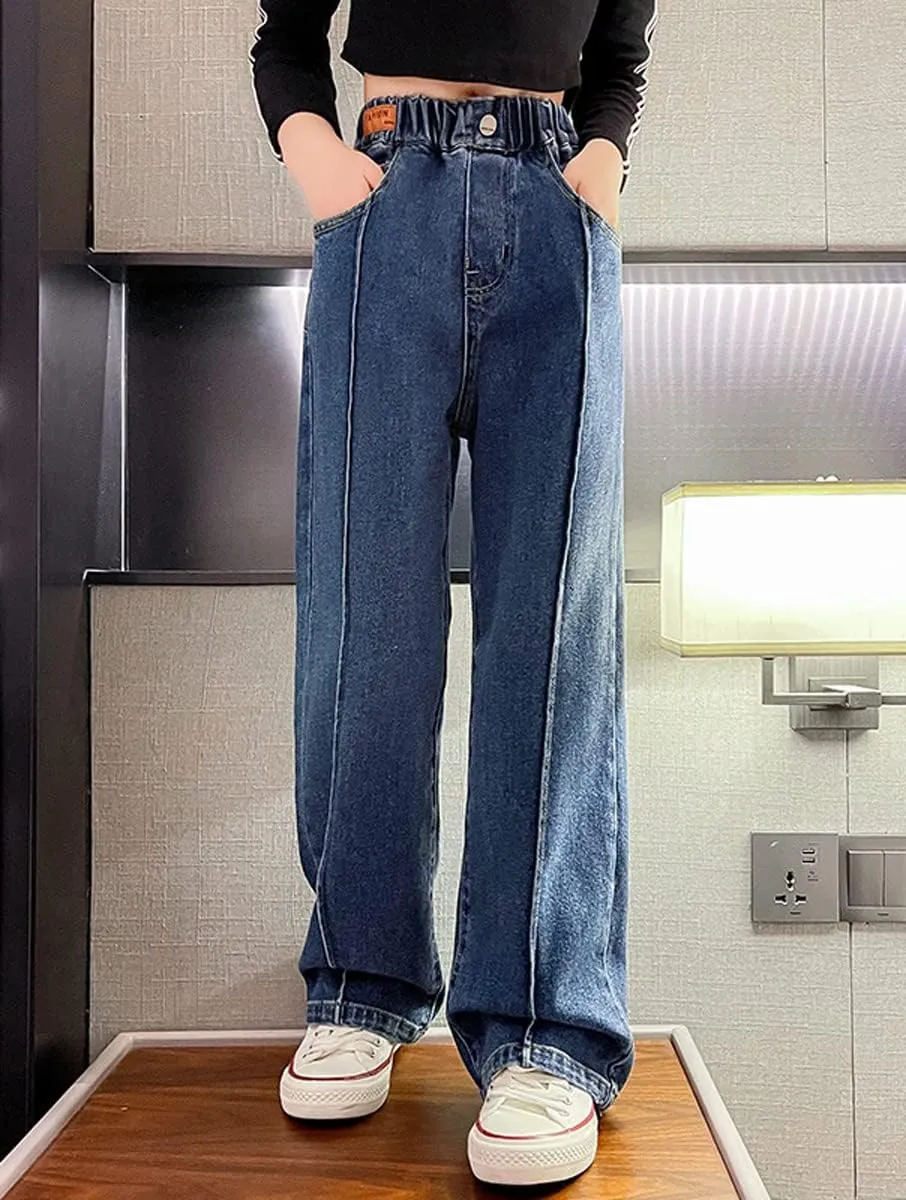 Kids Girls' Fashion Elastic Waist Wide Leg Baggy Denim Pants Straight Washed Loose Jeans Age 5-14 Years