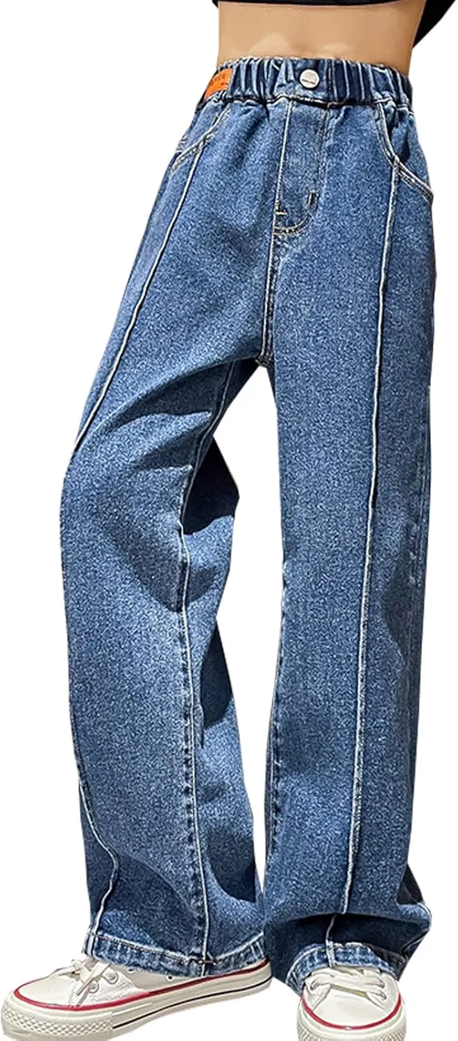 Kids Girls' Fashion Elastic Waist Wide Leg Baggy Denim Pants Straight Washed Loose Jeans Age 5-14 Years