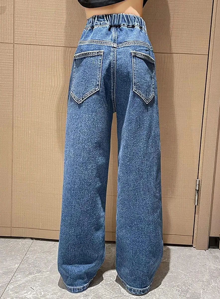 Kids Girls' Fashion Elastic Waist Wide Leg Baggy Denim Pants Straight Washed Loose Jeans Age 5-14 Years