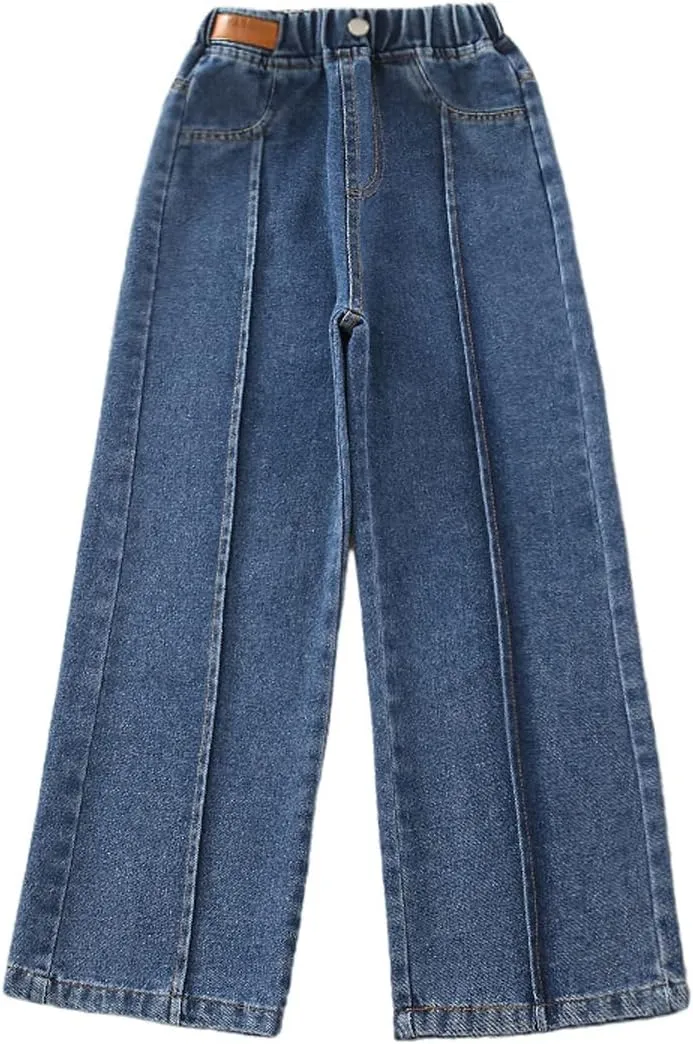 Kids Girls' Fashion Elastic Waist Wide Leg Baggy Denim Pants Straight Washed Loose Jeans Age 5-14 Years
