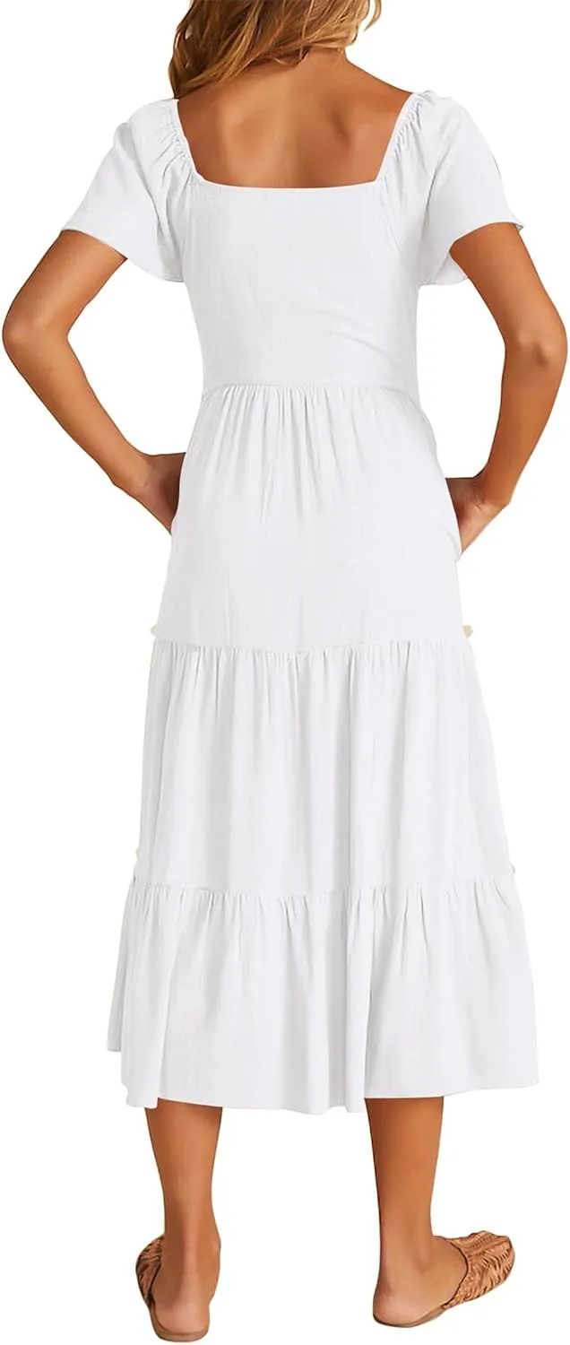 KIRUNDO Women 2025 Spring Summer Casual Linen Short Sleeve Midi Dress Button V Neck Tiered Vacation Sundress with Pockets