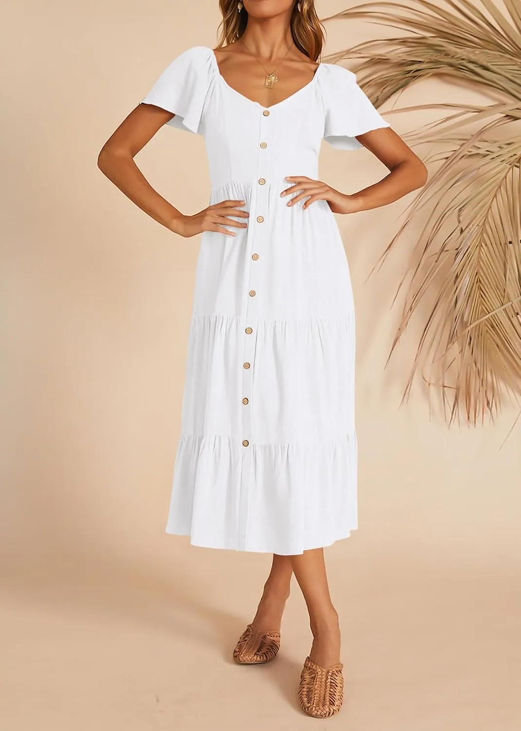 KIRUNDO Women 2025 Spring Summer Casual Linen Short Sleeve Midi Dress Button V Neck Tiered Vacation Sundress with Pockets