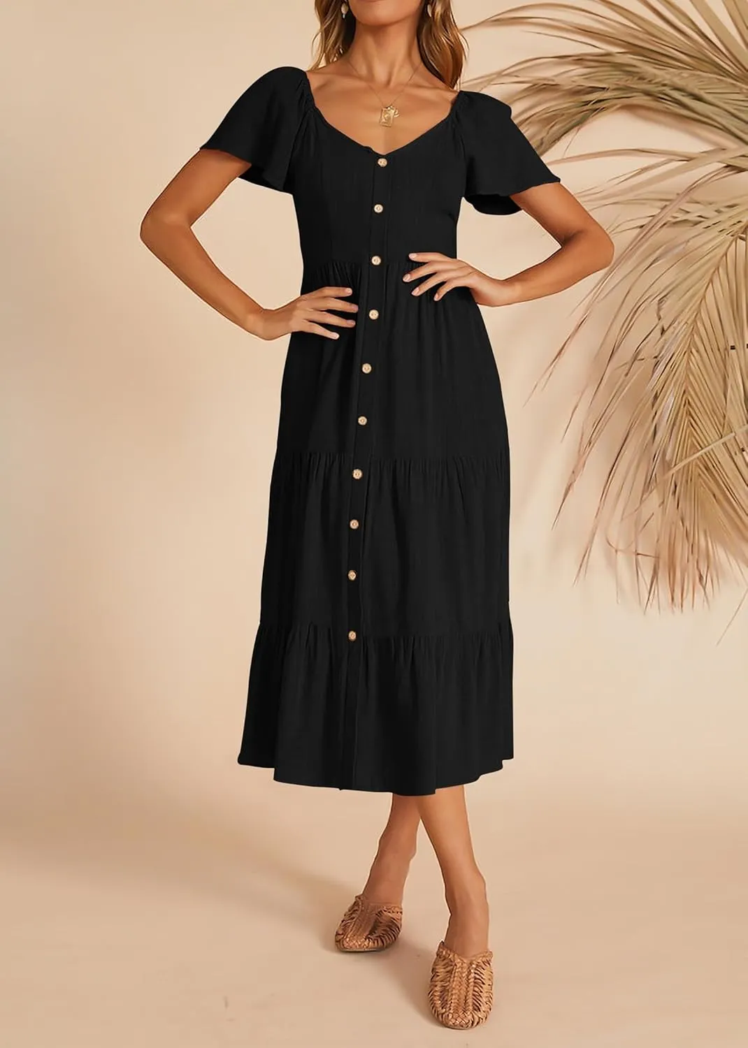 KIRUNDO Women 2025 Spring Summer Casual Linen Short Sleeve Midi Dress Button V Neck Tiered Vacation Sundress with Pockets