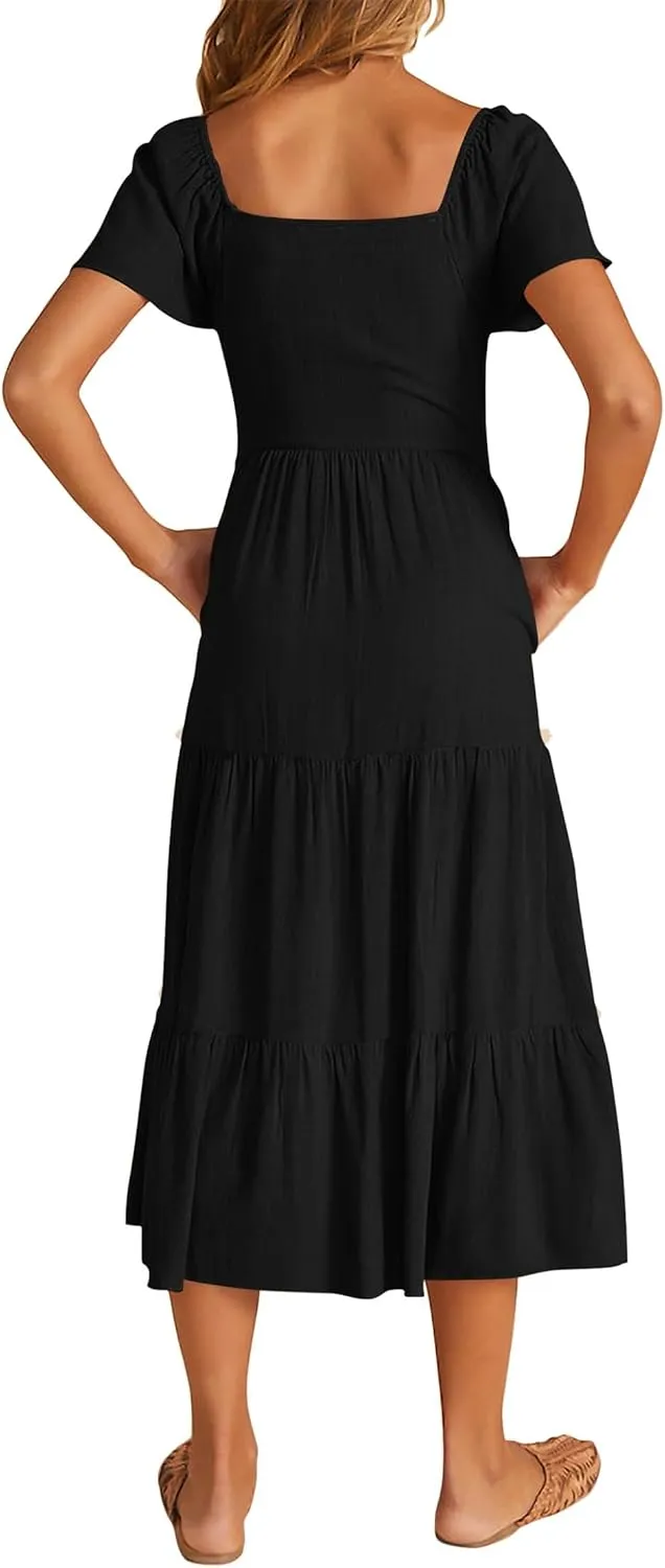 KIRUNDO Women 2025 Spring Summer Casual Linen Short Sleeve Midi Dress Button V Neck Tiered Vacation Sundress with Pockets