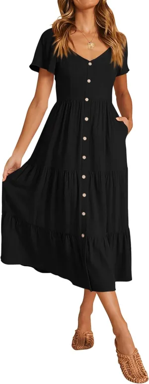 KIRUNDO Women 2025 Spring Summer Casual Linen Short Sleeve Midi Dress Button V Neck Tiered Vacation Sundress with Pockets