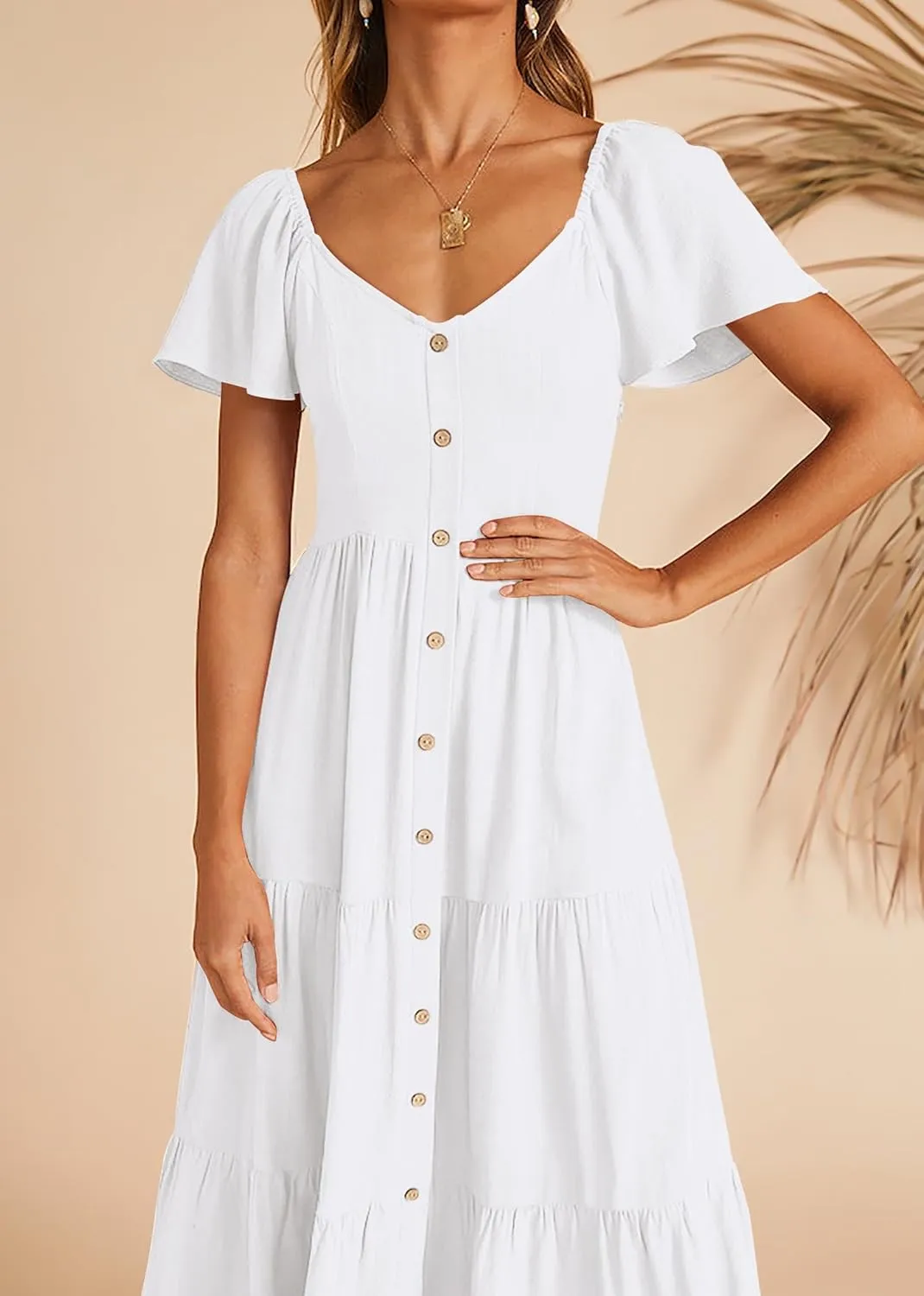 KIRUNDO Women 2025 Spring Summer Casual Linen Short Sleeve Midi Dress Button V Neck Tiered Vacation Sundress with Pockets