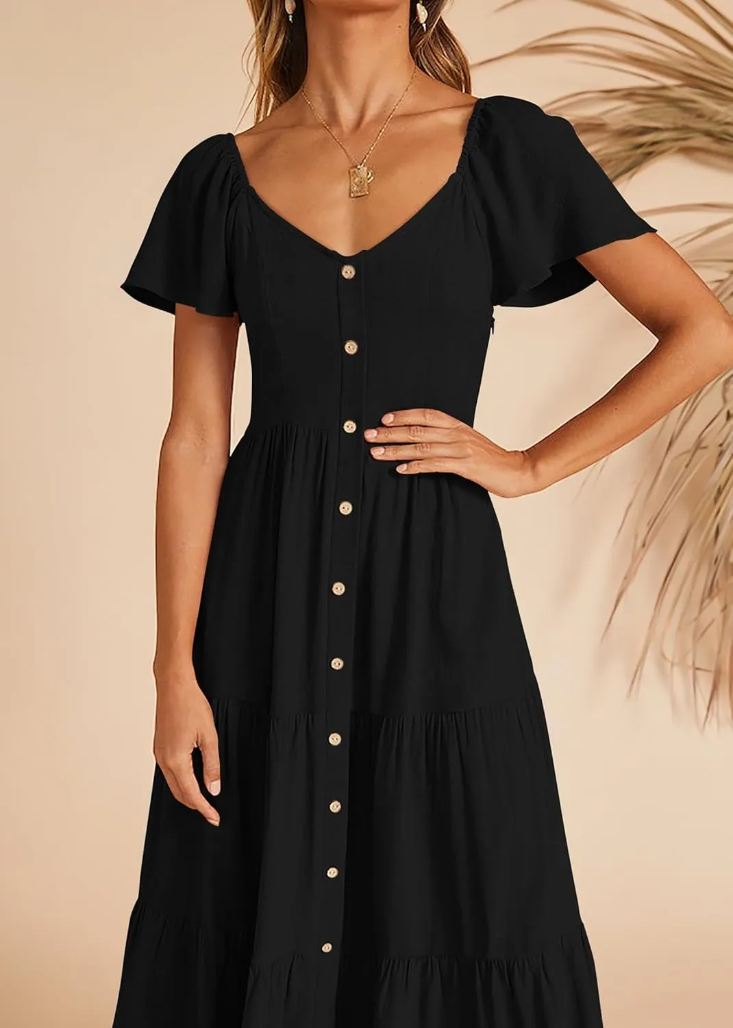 KIRUNDO Women 2025 Spring Summer Casual Linen Short Sleeve Midi Dress Button V Neck Tiered Vacation Sundress with Pockets