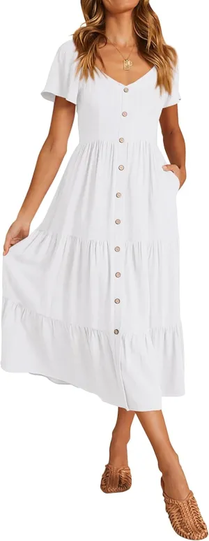 KIRUNDO Women 2025 Spring Summer Casual Linen Short Sleeve Midi Dress Button V Neck Tiered Vacation Sundress with Pockets