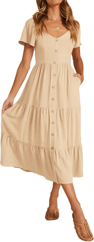 KIRUNDO Women 2025 Spring Summer Casual Linen Short Sleeve Midi Dress Button V Neck Tiered Vacation Sundress with Pockets