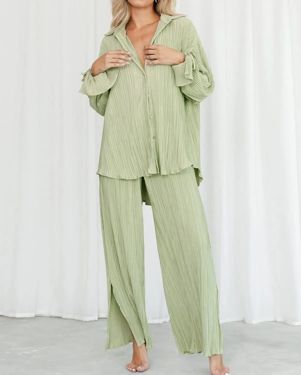 Kissonic Womne's Two Piece Outfits Pleated Long Sleeve Button Down Shirts High Waist Long Pants