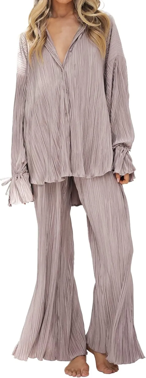 Kissonic Womne's Two Piece Outfits Pleated Long Sleeve Button Down Shirts High Waist Long Pants