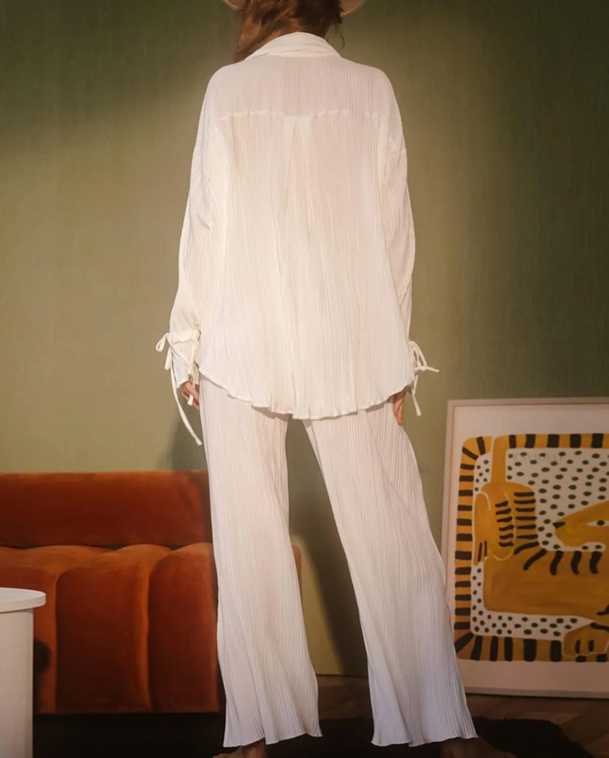 Kissonic Womne's Two Piece Outfits Pleated Long Sleeve Button Down Shirts High Waist Long Pants