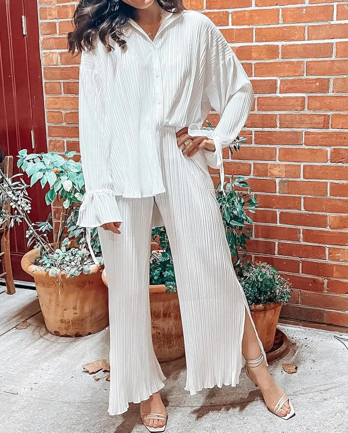 Kissonic Womne's Two Piece Outfits Pleated Long Sleeve Button Down Shirts High Waist Long Pants