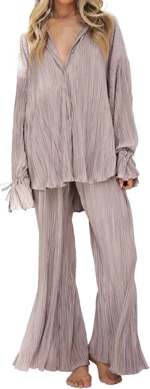 Kissonic Womne's Two Piece Outfits Pleated Long Sleeve Button Down Shirts High Waist Long Pants